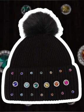 Kurt Geiger Rainbow Octavia Beanie Black Knit Pom Hat with Multicolor Gemstones